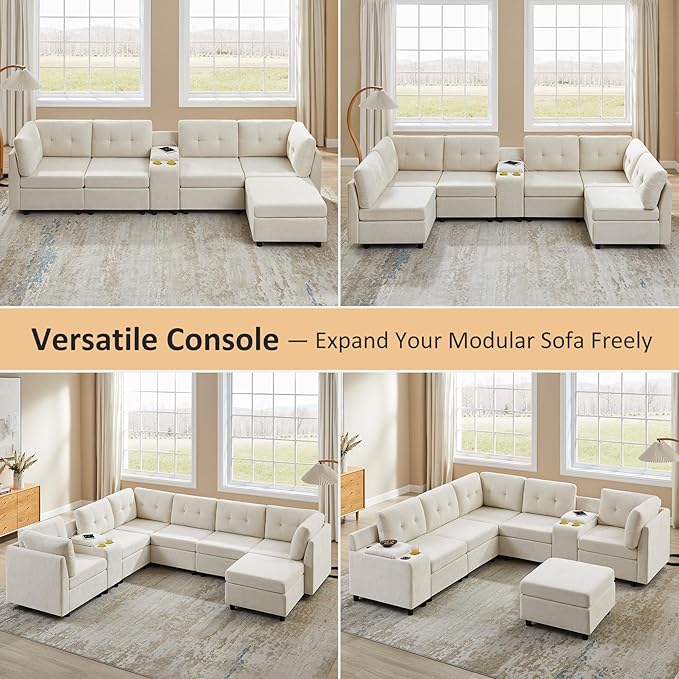 VANOMi 4 Seat Modular Sectional Sofa with 2 Ottomans, 118" Cloud Sofas & Couches, Comfy Chenille Sectional Couches for Living Room, Apartment, Office, Beige, U Shaped