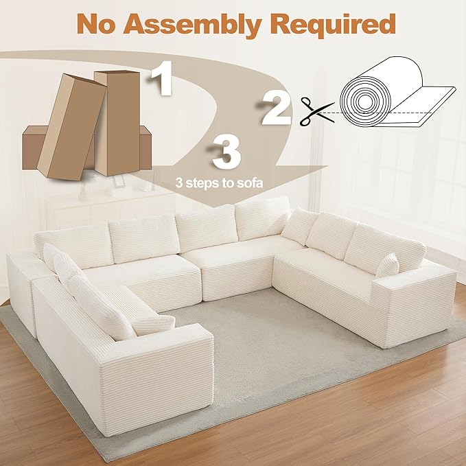 Modular Sectional Cloud Couch for Living Room,Modern Boneless Couche Set with Plush Corduroy,Comfy Floor Sofa with Memory Foam,Stupendous U Shaped Sofa,No Assembly Required,Beige