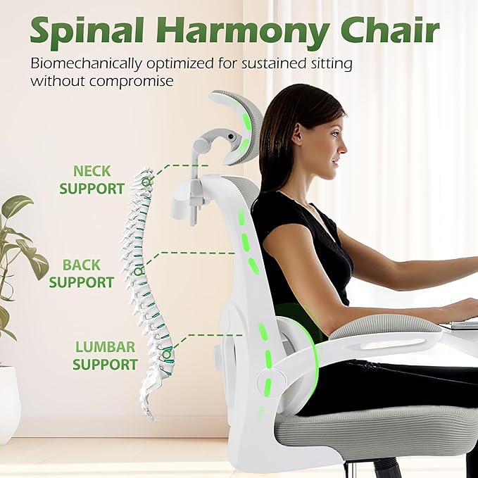 Office Chair Ergonomic Desk Chairs with Adjustable Lumbar Support& Headrest Hanger, High Back Breathable Mesh Chair with Wheels, Rolling Swivel Comfy Task Computer Chair for Home Work Gaming