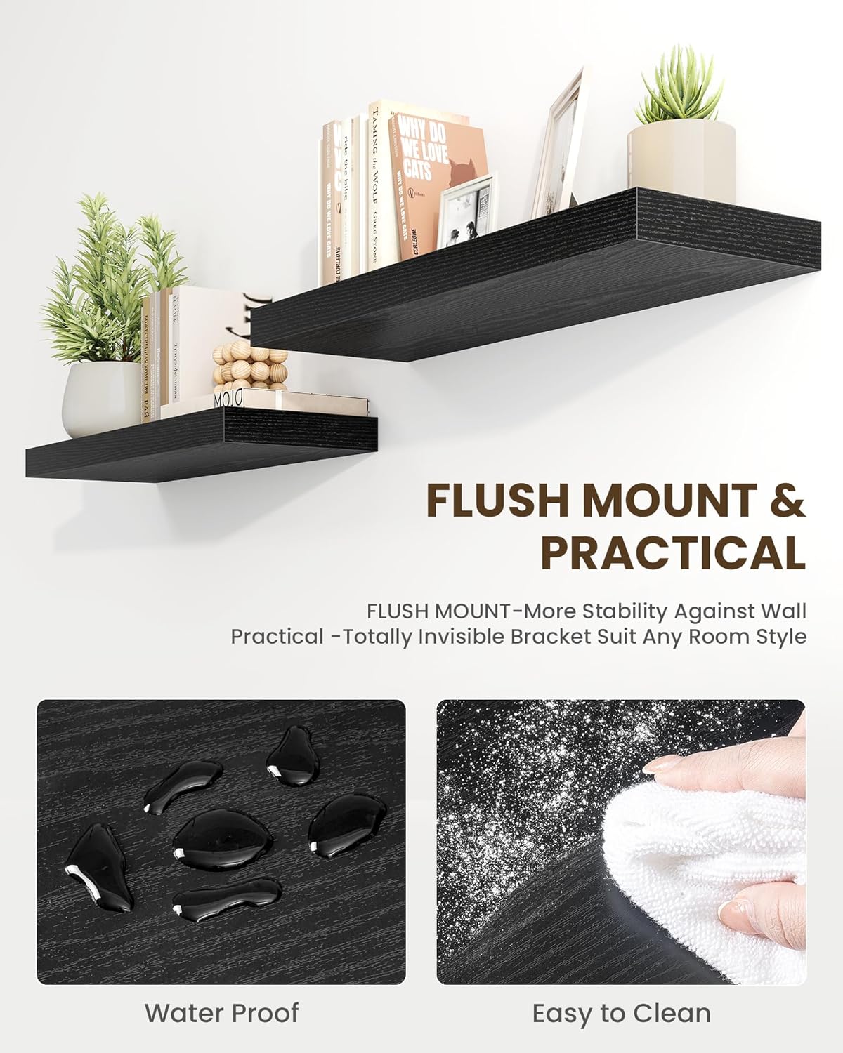 Marsmiles 30" Floating Shelves for Wall, Wooden Shelves with Invisible Brackets Set of 2, Rustic Farmhouse Wall Mounted Shelf for Kitchen Bathroom Living Room Study, Black