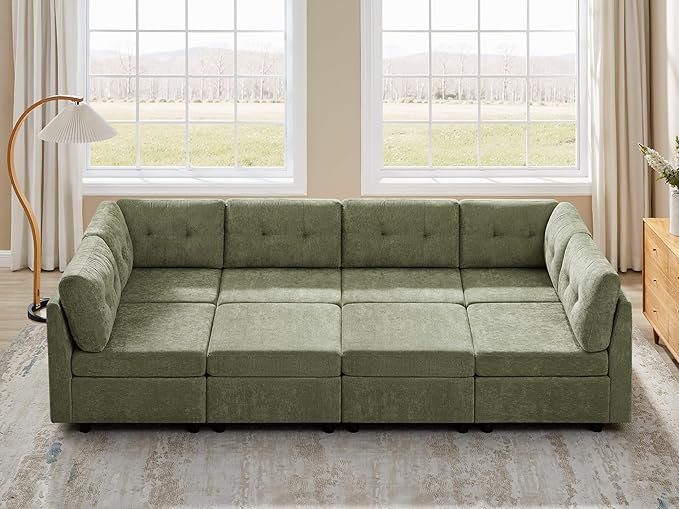 VANOMi 6 Seat Cloud Couches for Living Room with 2 Ottomans, 118" Convertible Modular Sectional Sofa Bed, Comfy Chenille Sofas & Couches for Living Room, Apartment, Office, Olive Green, Large Sofa Bed