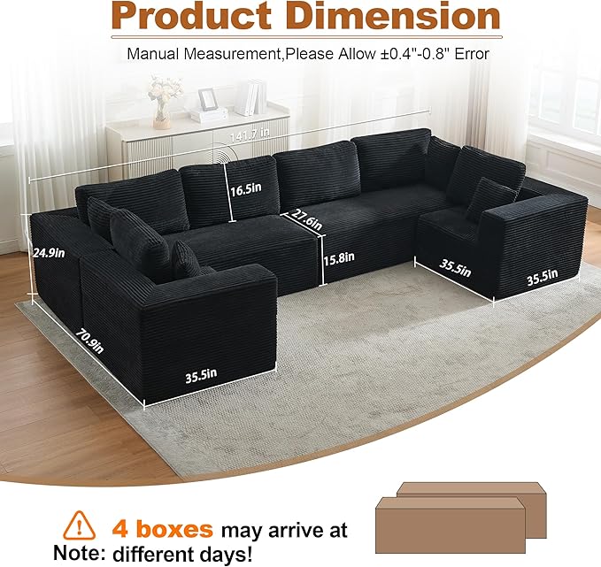Modular Sectional Cloud Couch for Living Room,Modern Boneless Couche Set with Plush Corduroy,Comfy Floor Sofa with Memory Foam,Stupendous U Shaped Sofa,No Assembly Required,Black