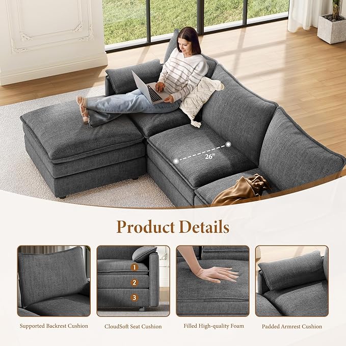 Vesgantti 142" Oversized Sectional Sofa Bed, 8-Seater Modular Sleeper Cloud Couch with Movable Ottoman, Chenille Convertible Sofa Set Deep Seat Couches for Living Room, Bedroom and Apartment, Gray
