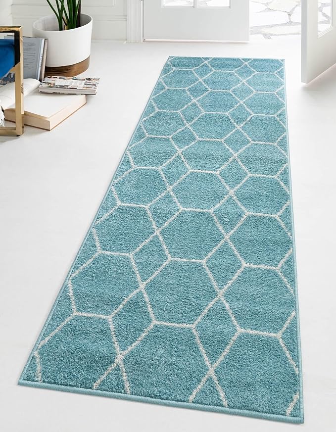 Unique Loom Trellis Frieze Collection Area Rug - Geometric (2' x 6' 1" Runner Light Blue/Ivory)