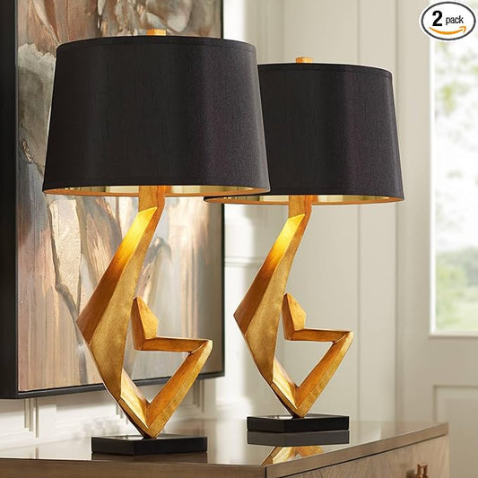 Possini Euro Design Zeus 28 1/2" Tall Modern Glam End Table Lamps Set of 2 Sculptural Gold Leaf Living Room Bedroom Bedside Nightstand House Office Home Reading Kitchen Entryway Console Black Shade