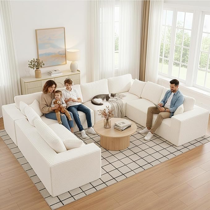 Modular Sectional Cloud Couch for Living Room,Modern Boneless Couche Set with Plush Corduroy,Comfy Floor Sofa with Memory Foam,Stupendous U Shaped Sofa,No Assembly Required,Beige