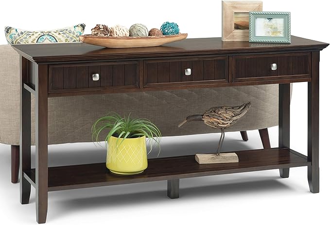 SIMPLIHOME Acadian Console Table - 60 Inch Wide Solid Wood Sofa Table in Brunette Brown, Transitional Storage Table for Entryway or Living Room with 3 Drawers and Open Bottom Shelf
