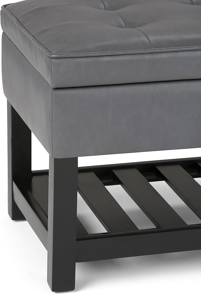 SIMPLIHOME Cosmopolitan Storage Ottoman Bench - 44 inch Wide Upholstered Vegan Leather Rectangle Storage Ottoman in Stone Grey, Transitional Bench for Bedroom with Tufted Lift-Top and Open Shelf