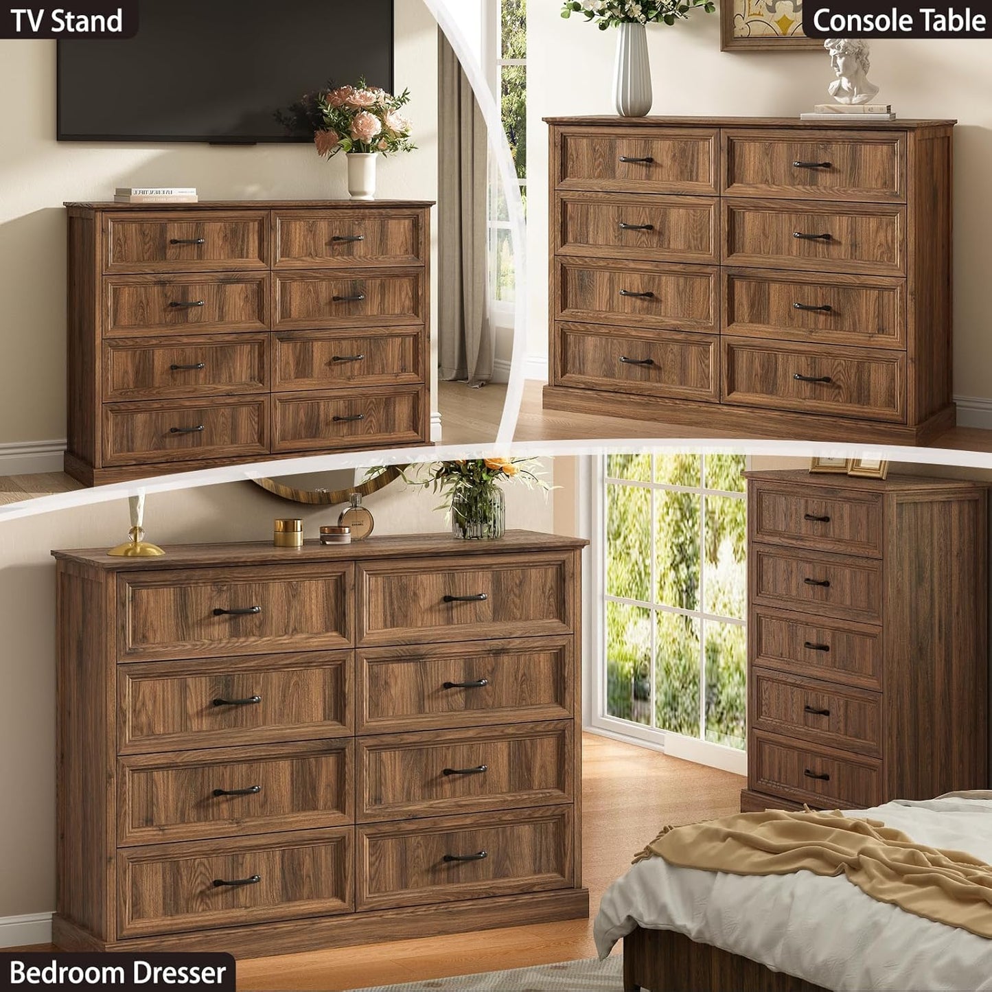 Farmhouse 8 Drawer Dresser for Bedroom, 55 Inch Wide Modern Walnut Dresser TV Stand with Large Drawers & Bar Handles, Rustic Wood Chest of Drawers for Bedroom, Living Room, Hallway, Entryway.