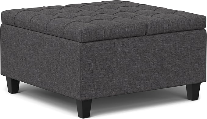 SIMPLIHOME Harrison 30 inch Wide Transitional Square Small Coffee Table Storage Ottoman in Slate Grey , Assembled, For the Living Room and Bedroom