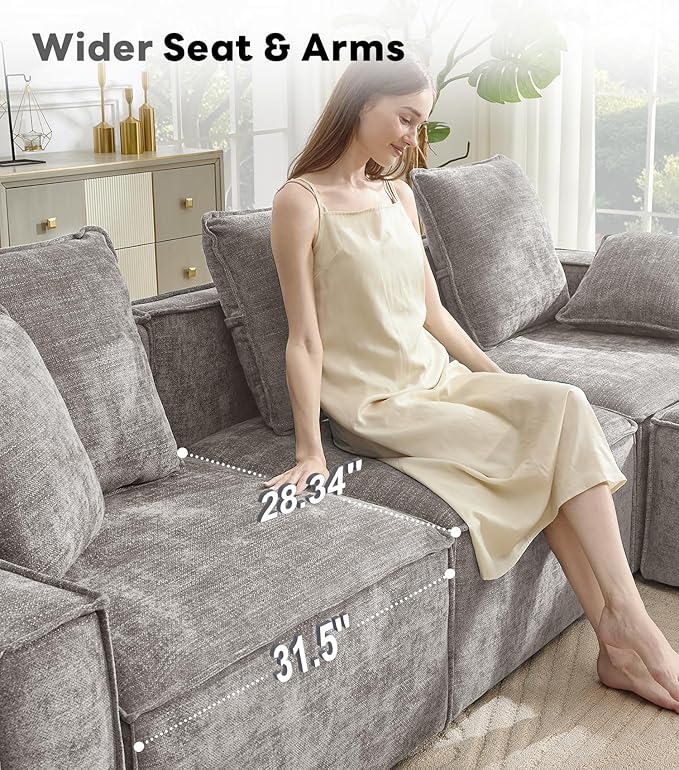 WILLOVE 109'' Modular Sectional Sofa, Chenille Cloud Couch with Wide Armrests & 5 Pillows, Deep Seat Couches for Living Room, Grey