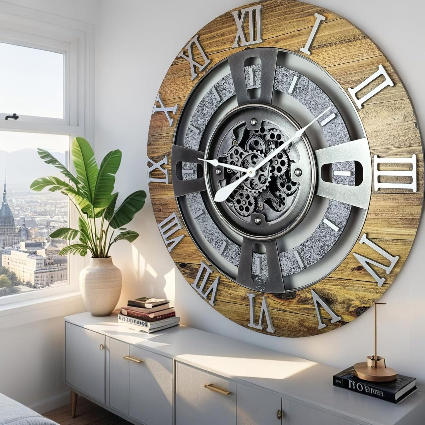 The Gears Clock Real Moving Gear Wall Clock England Line (Wood & Stone, 36 inches (90 cm))