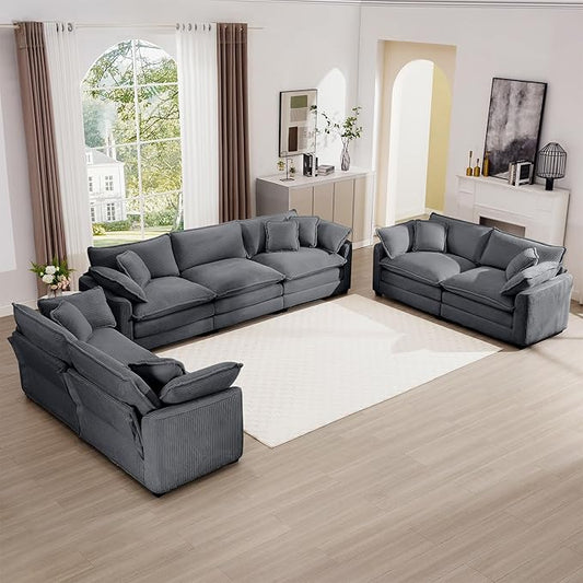 mikibama Luxury 3 Piece Sofa Set, 3-Seater & 2 Loveseat Couch Set, Modern Corduroy Comfy Cloud Couches Set for Living Room Office with 6 Armrest Pillows and 7 Toss Pillows, Grey