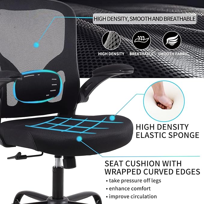 Flysky Ergonomic Office Chair, Mesh Home Office Desk Chair with Flip-up Arms and Lumbar Support, Height Adjustable, Swivel, Black-Headrest