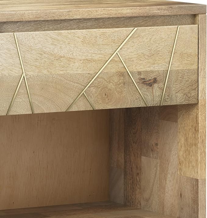 SIMPLIHOME Jager Bedside Table - 22 inch Wide Solid Mango Wood Nightstand in Natural, Mid Century Contemporary Bedroom Side or End Table with Brass Metal Inlay, 1 Drawer, and Open Storage