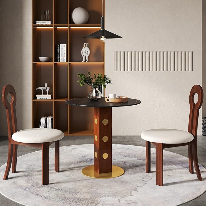 Sintered Stone Office Table and Chair Set - 33.5" Round Table for Small Offices (Red Leg and Black Top, 1 Table and 2 Chairs)
