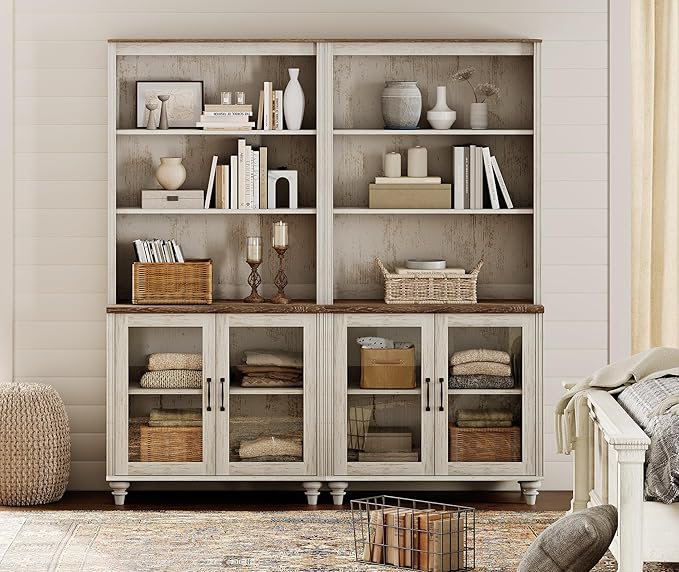 WAMPAT 5 Tier Bookshelf, Bookcase with Glass Doors,Large Farmhouse Display Book Shelf with Adjustable Shelves and Storage Cabinet，Library Wood Bookshelves for Living Room,Kitchen, Rustic White (2PCS)