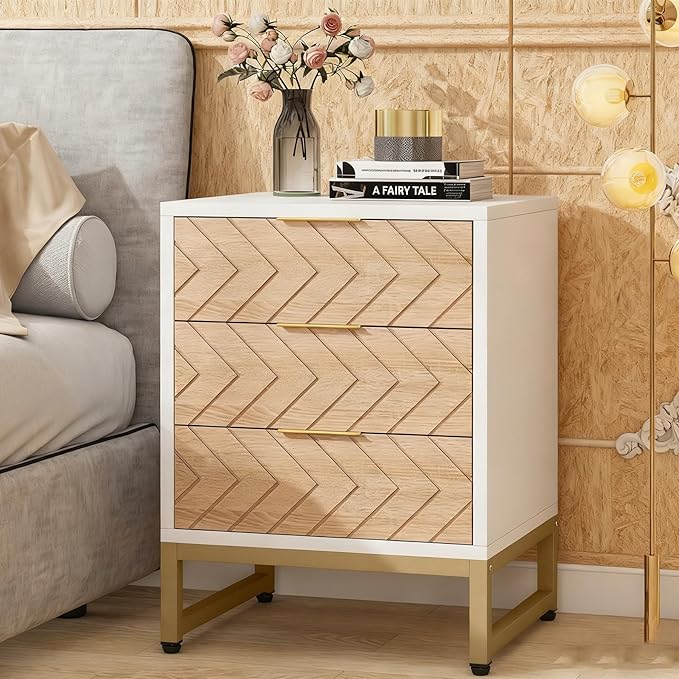 Tribesigns 3 Drawers Nightstand, 2Pcs Modern White and Gold Bedside Table with Metal Legs for Bedroom, Living Room, Apartment