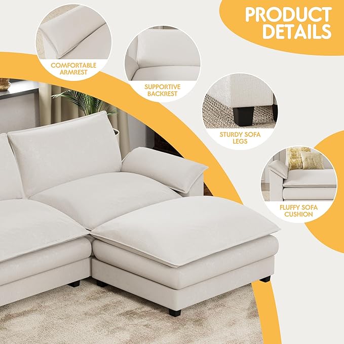 Homall 232" Modular Sectional Sofa, Oversized Sofa Couch with Reversible Ottoman, DIY Combination Chenille Deep 6-Seat Cloud Couch for Living Room, Apartment (White, Oversized Sofa)