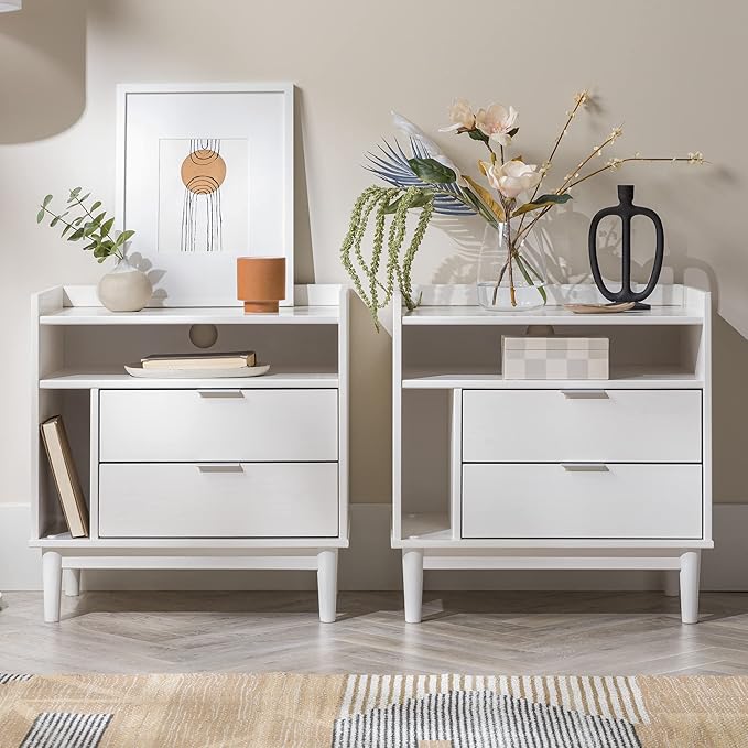 Walker Edison Mid-Century Modern Tray-Top Storage Nightstands Set of 2 White