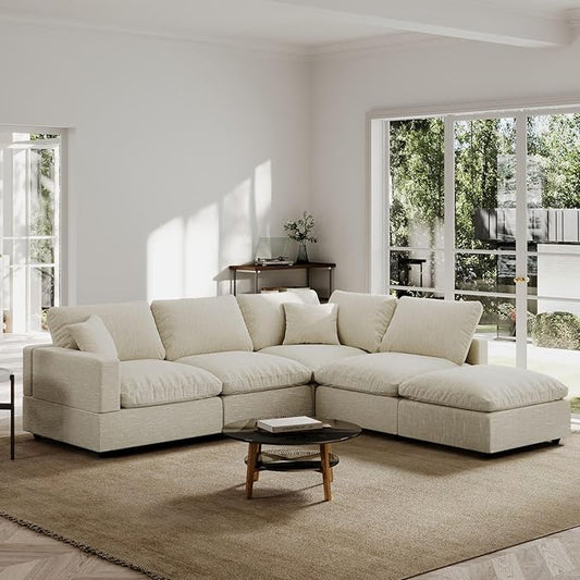 Modern Sectional Linen Couch for Living Room V-Shape Sofas,5 Seat Modular Cloud Sofas,Couches Cushion Covers Removable,Cozy Feather Down Sofa for Apartment Beige