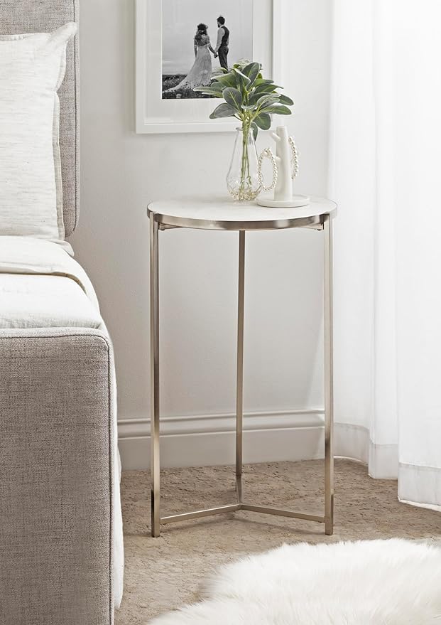 Kate and Laurel Aguilar Modern Round Side Table, 15 x 15 x 24, White and Silver, Genuine Marble Nightstand for Small Spaces and Living Room Décor