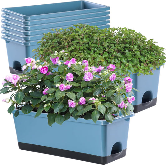 Window Box Planter 8 Pcs, 17 Inches Rectangle Flower Pots with Drainage Holes and Trays, Vegetable Planters for Windowsill Patio Garden Balcony Home Porch Yard Indoor Outdoor (Blue)