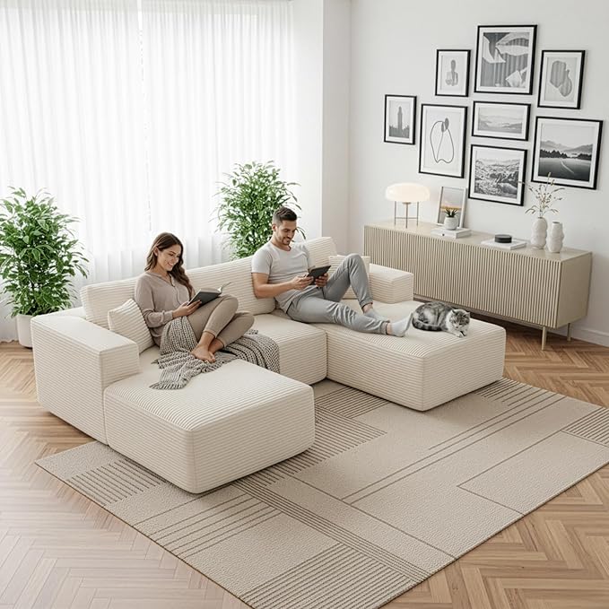 Modular Sectional Cloud Couch for Living Room,Modern Boneless Couche Set with Plush Corduroy,Comfy Floor Sofa with Memory Foam,Stupendous U Shaped Sofa,No Assembly Required,Beige