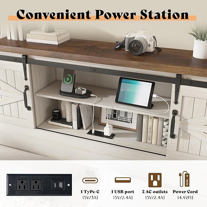 AMERLIFE Farmhouse Full Bed Frame, Rustic Wood Platform Bed Barn Door Storage Bookcase Headboard & Charging Station, Bedroom Furniture, No Box Spring Needed, Antique White