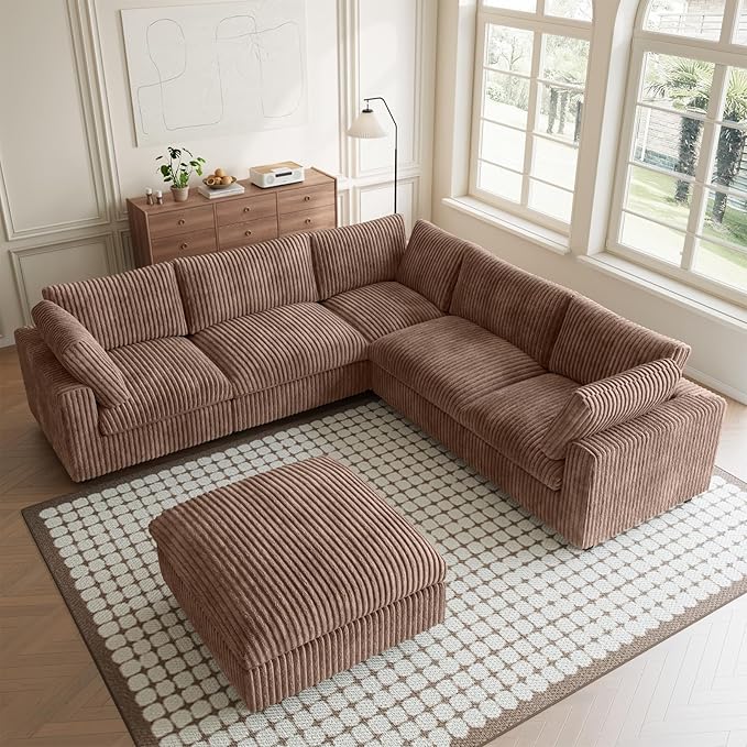 Modular Sectional Couch, Convertible L Shaped Sofa for Living Room, Deep Seat Cloud Sectional Couch, 5 Seat Comfy Modular Sofa, Cushion Covers Removable, Brown