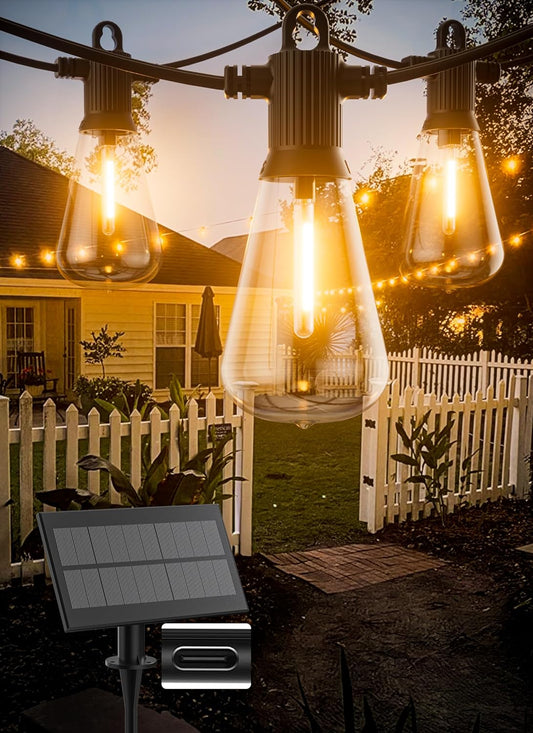 Solar String Lights Outdoor Waterproof 100FT with USB Port and 52 Shatterproof ST38 Bulbs(2 Spare), LED Solar Powered Patio Lights for Outside, Porch, Backyard, Gazebo, Garden(Warm White)