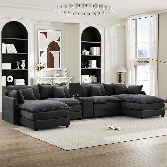 HYJT-H&K 145" U Shaped Cloud Couch Modular Black Sectional Couches for Living Room, Comfy Fluffy Chenille Oversized Cloud Sectional Couch Large 6 Seat Sectionals Sofa Set Central Console USB Port