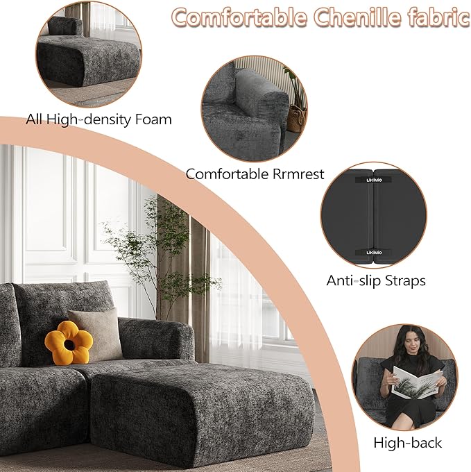 EASE MOOSE Oversized Sectional Cloud Couch, 9-Seat Modular Boneless Sofa Set with Deep Seat, No-Assembly Chenille Sofa for Living Room, Dark Grey