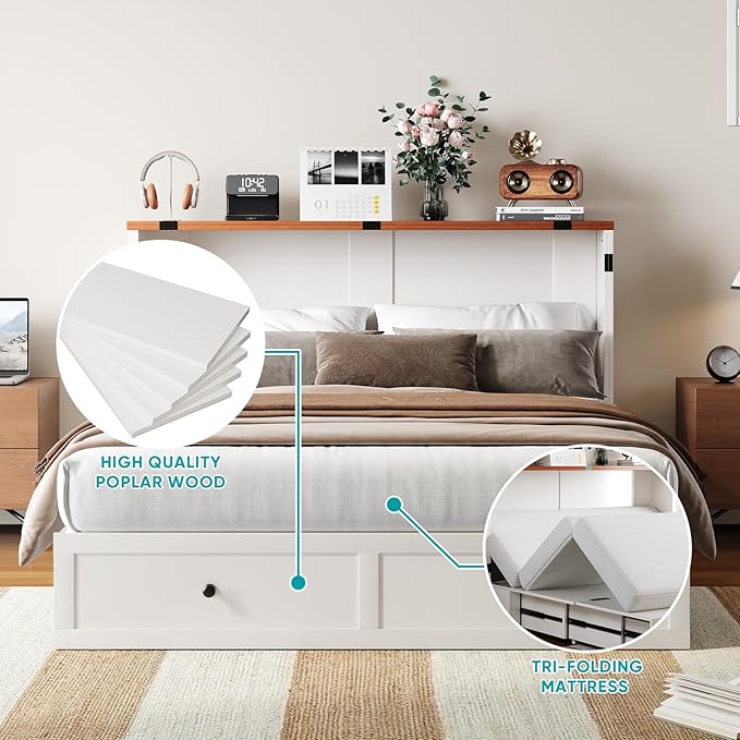 BALUS 63" W Queen Murphy Bed with Tri-Fold Mattress, Queen Size Murphy Cabinet Bed with 2 Storage Drawers & USB Charging Station, Chest Cabinet Beds for Bedroom Guest Room, White