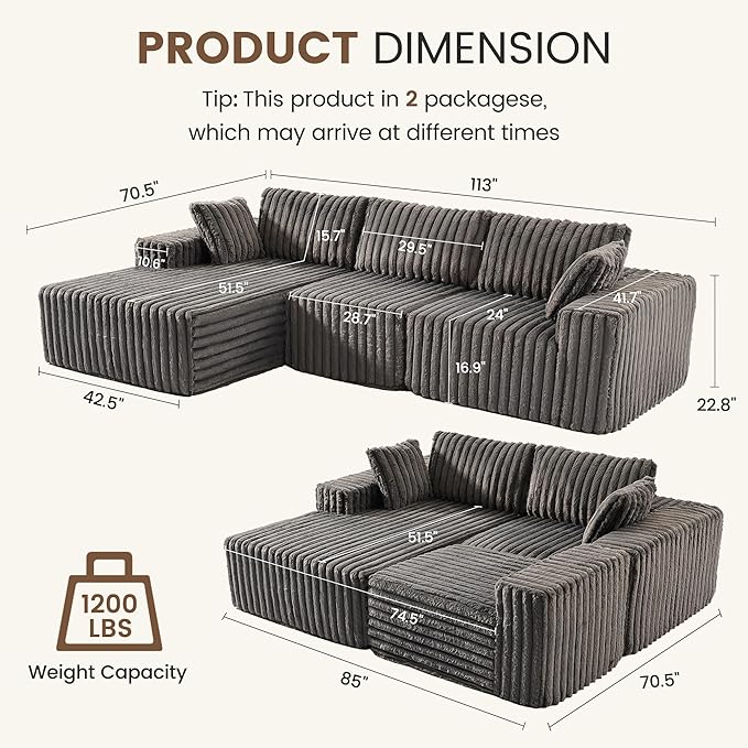 Apicizon 113" Modular Sectional Couch for Living Room, L Shaped Sectional Sofa Couch with Deep Seat, 3 Seat Boneless Sofa with Chaise Longue for Apartment，No Assembly Required (Plush Corduroy Gray)