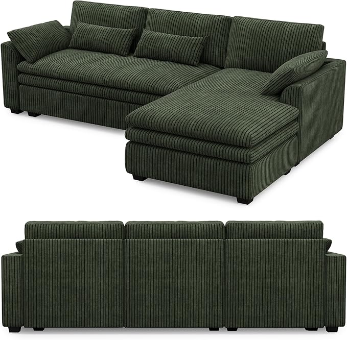 Belffin Large Modular Sectional Sofa with Deep Chaise, 104" Corduroy L Shaped Couch with 9" Soft Dual-Layer Seats Cushion for Living Room, Apartment, Green