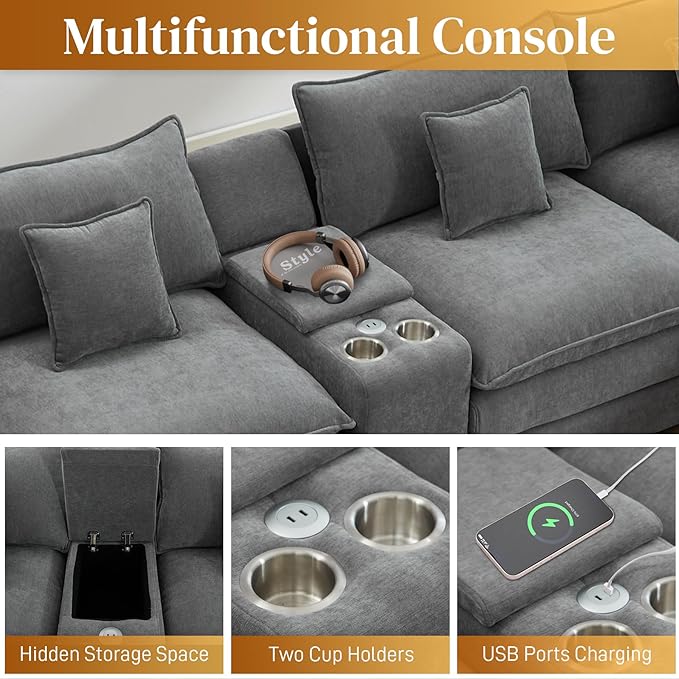 HYJT-H&K 145" U Shaped Cloud Couch Modular Gray Sectional Couches for Living Room, Comfy Fluffy Chenille Oversized Cloud Sectional Couch Large 6 Seat Sectionals Sofa Set Central Console USB Port