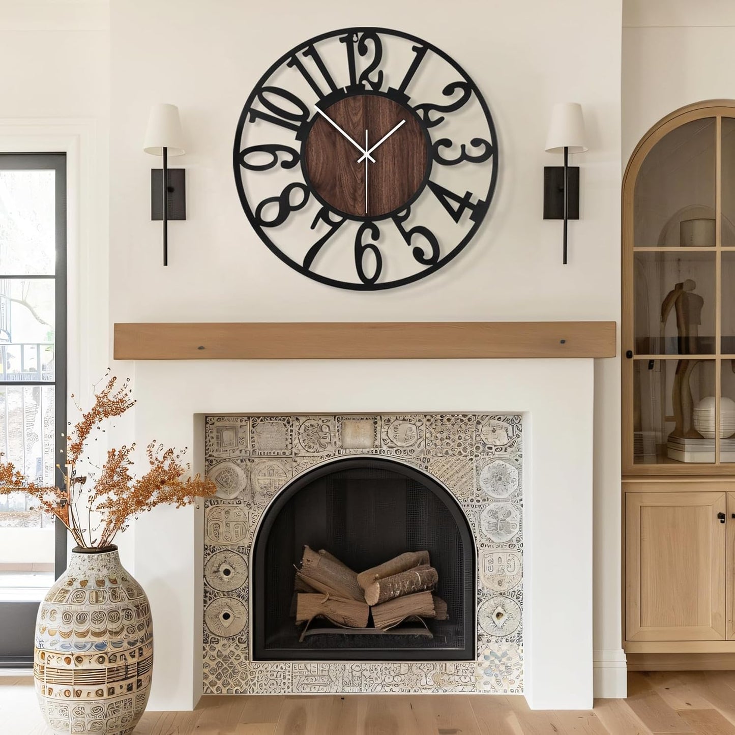 Maxstar Round Wall Clock for Living Room Decor Battery Operated Non Ticking Silent Vintage Black Metal Wood Clocks for Home Living Room Garden Farmhouse Office Kitchen Decoration -13 inch