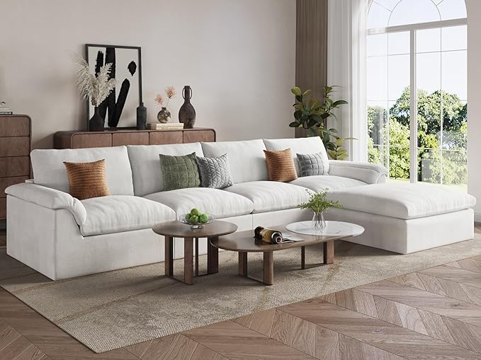 EASE MOOSE Oversized Cloud Couch Sectional Sofa, L-Shaped Large Modular Couch for Living Room, Minimalist Boneless Convertible Couches with Ottoman, 5-Seat Deep Sofas for Bedroom, Chenille (White)