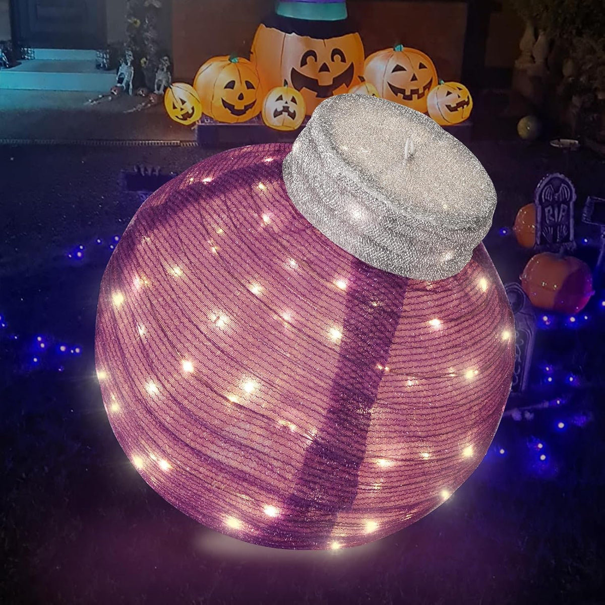 BRIGHTDECK Outdoor Halloween Ornaments, Lighted Pop-Up Outdoor Holiday Ball Decoration with 80 LED Lights, 8 Light Modes, Lighted Collapsible Holiday Decorations for Yard, Home (Purple)