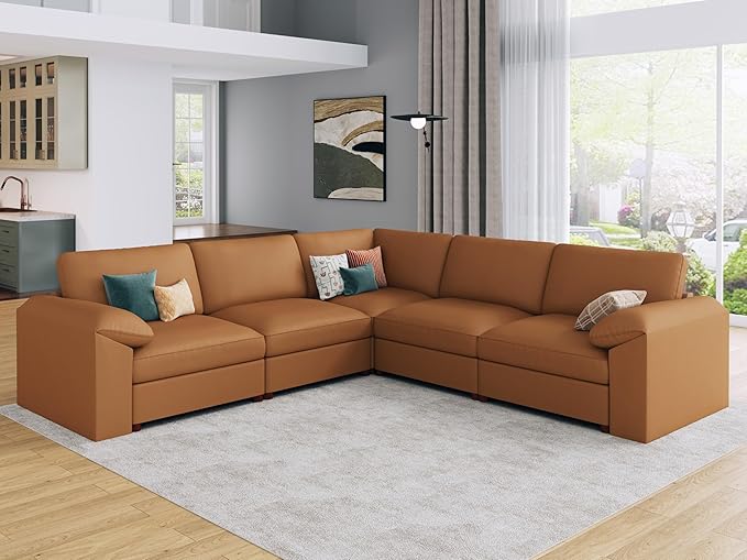 EASE MOOSE Oversized Corner Modular Sectional Sofa, Faux Leather Sectional Sofa with Deep Seat, Scratch Resistant Faux Leather Material, Extra Large L Shaped Couch, Brown