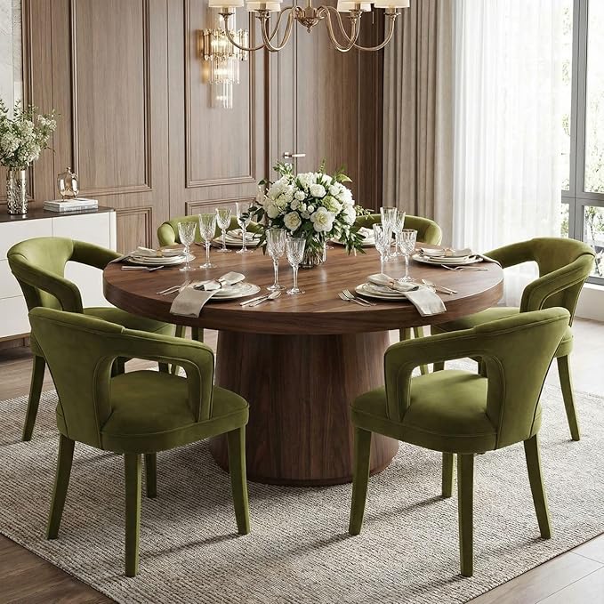 Olive-Green Velvet Dining Chairs Set of 2, Modern Solid Wood Kitchen Chairs, All-Over Fabric Upholstered Side Chairs for Kitchen/Dining Room/Living Room/Restaurant