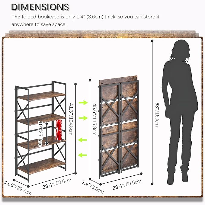 4NM 4 Tiers No Assembly Book Shelves, 41.3" H Folding Bookshelf Bookcase Open Industrial Foldable Shelves for Bedroom, Living Room, Home Office - Rustic Brown Black