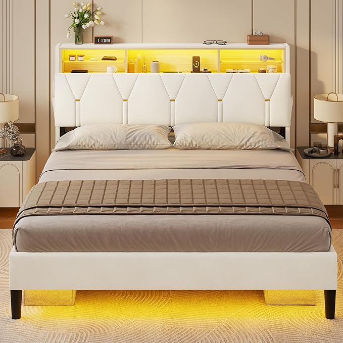 Queen Bed Frame with Storage Headboard and RGB LED Lights, Velet Upholstered Platform Bed Frame Queen Size with Type-C & USB Charging Station, Stable Easy Assembly,Creamy White
