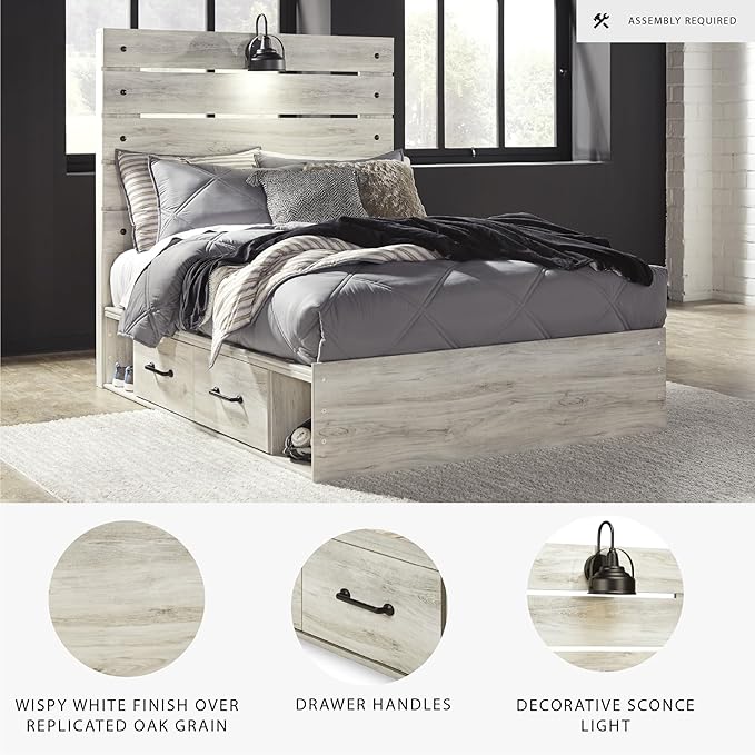 Signature Design by Ashley Cambeck Farmhouse Full Panel Platform Bed with 2 Storage Drawers, Cubbies, Sconce Light and USB Ports, Foundation or Box Spring Not Needed, Whitewash