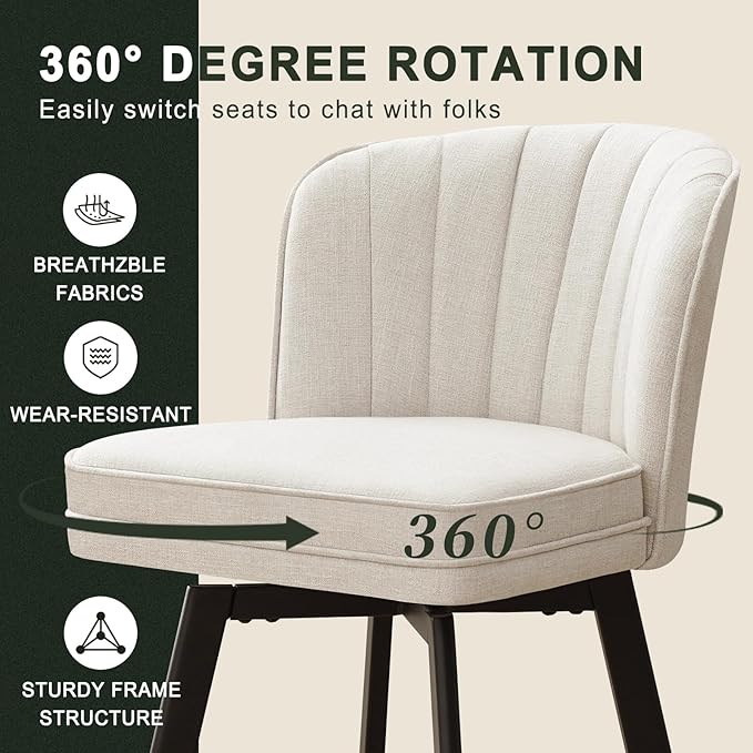 Swivel Counter Height Bar Stools Set of 3, 30'' Modern Barstools with Backs and Metal Legs, Upholstered Bar Chairs, Beige, Fabric Stools for Kitchen Island Chairs