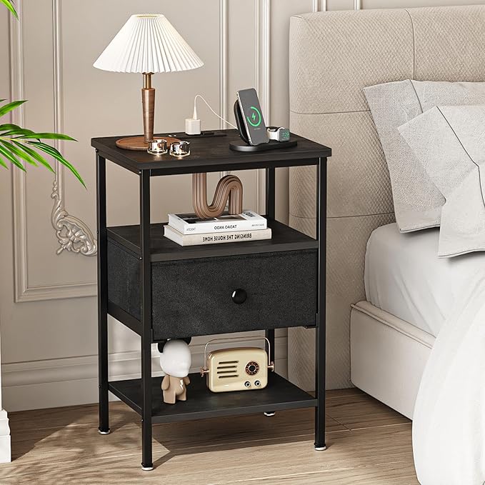VECELO Night Stand with Charging Station, End Tables with Open Storage Shelf, Bed Side Tables with Fabric Drawers for Bedroom,Living Room,Classic Black