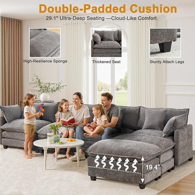 U-Shaped Cloud Chenille Sectional with 2 Ottomans, 146" Modular Sofa for Large Spaces, Ultimate Comfort with Deep Seats & Pillows, Solid Frame, 1YR Warranty