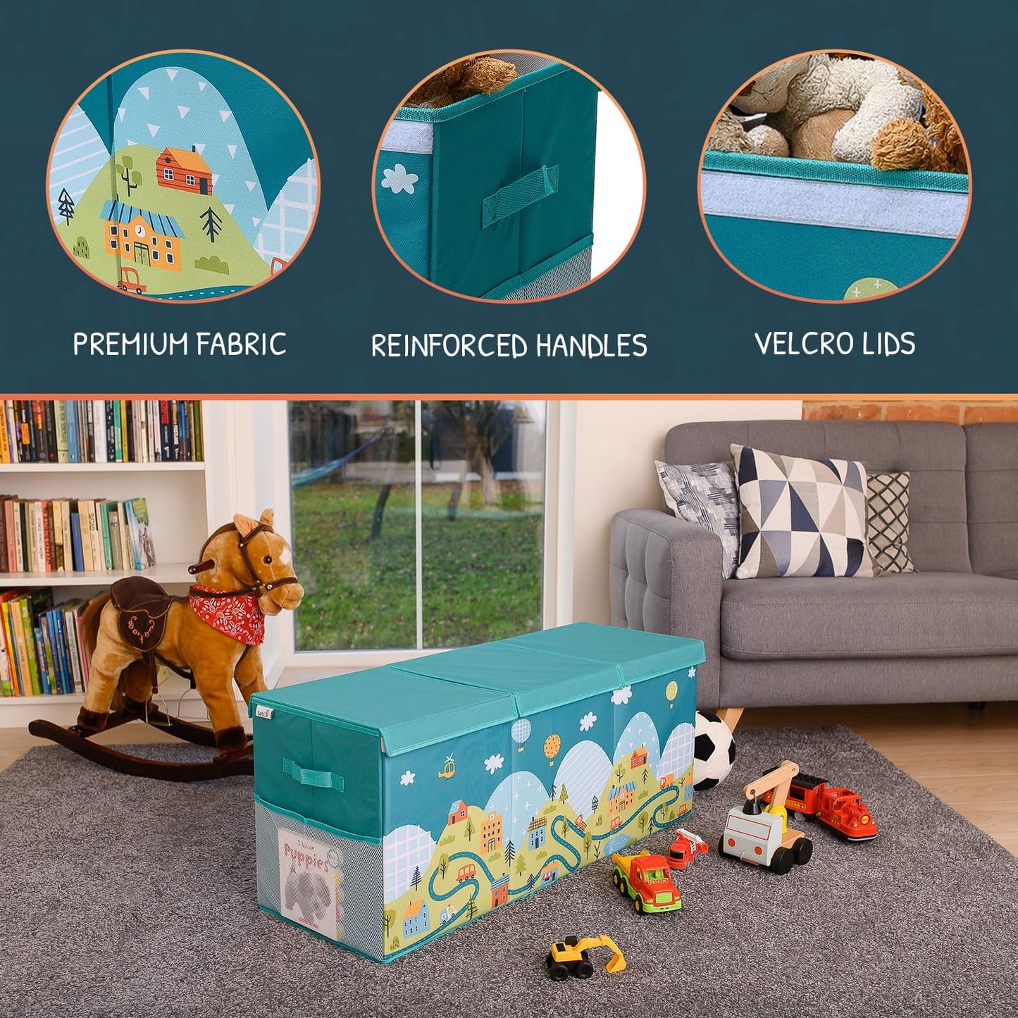 Extra Large Toy Storage Organizer with Lid - Sturdy, Collapsible Toy Chest Storage Box with Cute Design - Toys Bin with Dividers for Kids, Boys, Girls, Nursery, Bedroom, Play room 37"x16"x14"