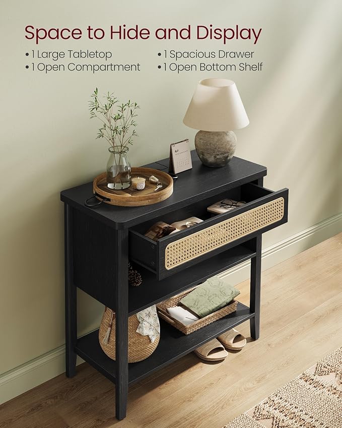 VASAGLE Console Table with Power Outlets, Entryway Table with Storage Shelf, Sofa Table with Drawer, Open Compartment, Rounded Corners, for Living Room, Boho Style, Ash Black ULNT140B21